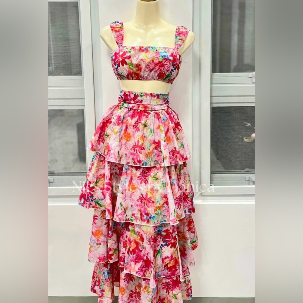 Pink Floral Tiered Maxi Skirt set